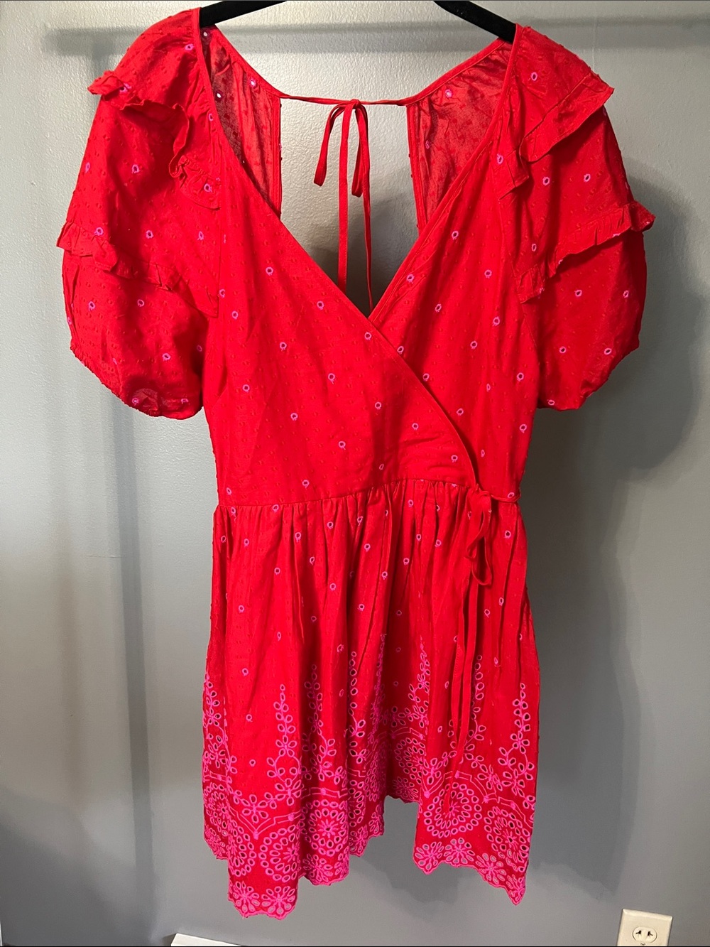 Topshop Bright Red Eyelet Wrap Mini Dress